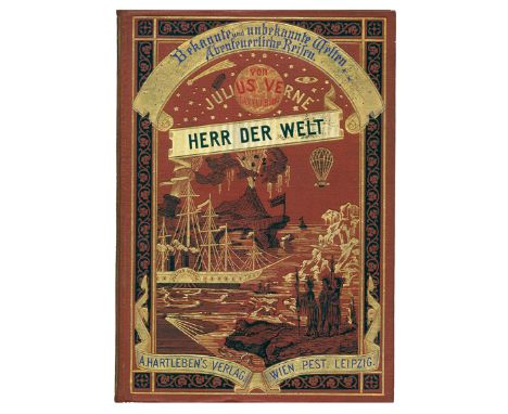 Verne,J.: Herr der Welt. Wien u.a., Hartleben 1905. Gr.8°. Mit 36 tls. ganzs. Holzst.-Illustr. 192 S. Illustr. Olwd. mit Gold