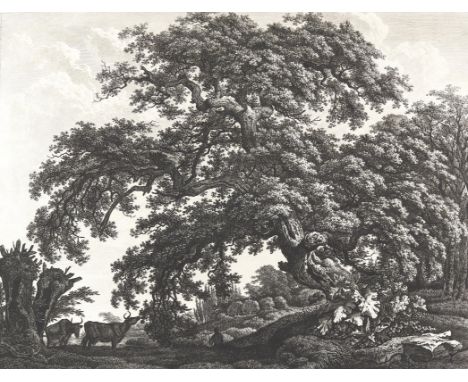 Kolbe, Carl Wilhelm d.Ä.: (1757 Berlin - Dessau 1835). Große überhängende Eiche mit Angler und zwei Kühen. Radierung. Plgr. 3