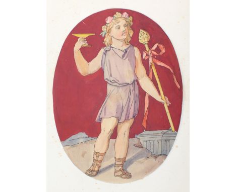 Mytologie: und andere Motive, u.a. Darstellung eines Minnesängers im Oval. 4 Bl. Mischtechnik mit Tusche und Aquarell, um 187