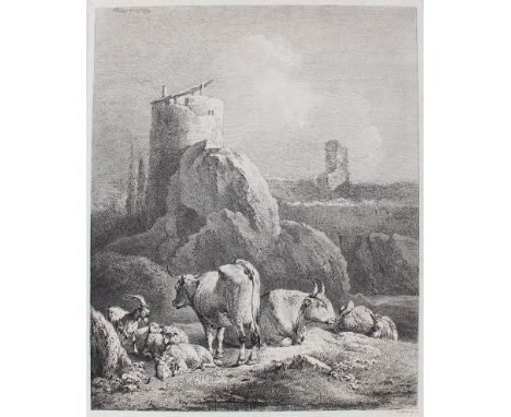 Bartsch, Adam von: (1757 Wien 1821). Viehgruppe vor Ruinenlandschaft. Radierung nach Roos. Plgr. ca. 16,8 x 20,1 cm, Blgr. ca