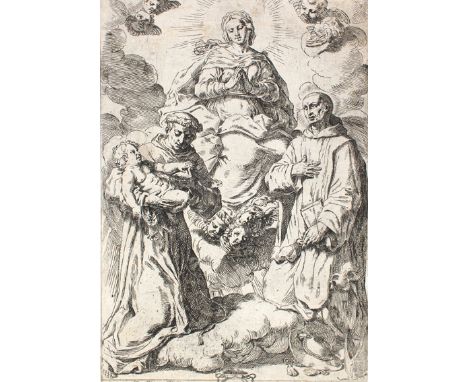 Loli, Lorenzo: (1612 Bologna 1691). Die Madonna mit dem Hl. Antonius von Padua und dem Seligen Niccolò Albergati. Radierung. 