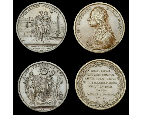 SWITZERLAND, Peace Restored in Geneva, 1738, a copper medal by J. Dassier, 55mm; Death of Jean-Jacques Burlamaqui, 1748, a co