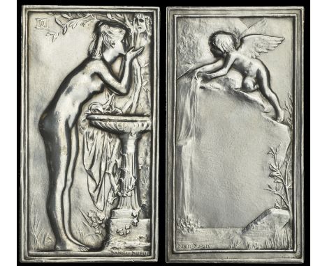 FRANCE, La Source, c. 1898, a silver plaque by J.-B. Daniel-Dupuis, naked female stood drinking from an ornate fountain, rev.