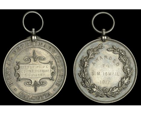 Bengal Veterinary College, Calcutta, a silver award medal, unsigned, ornamental cartouche, engraved (First Prize, Equine Medi