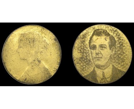 Victoria, Halfpenny, gilt, rev. planed flat and decorated with portrait of a man created with numerous tiny pinpricks, signed