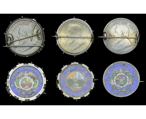 SOUTH AFRICA, Paul Kruger, Halfcrowns (2), 1892, 1896, Florin, 1892 [3]. Reverses enamelled with dark blue backgrounds and th