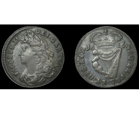 Ireland, James II, Regal coinage, Halfpenny, 1686, 15 harp strings (S 6576). Very fine, reverse better, patinated £150-£200