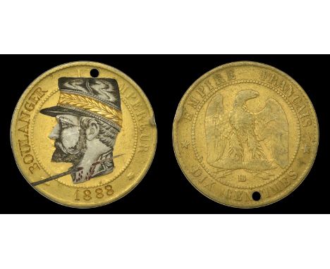 FRANCE, Napoleon III, 10 Centimes, date illegible, obv. engraved with the portrait of Georges Ernest Boulanger, neck pierced 