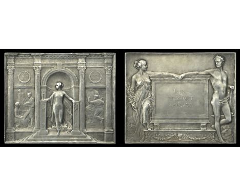 USA, Death of John Pierpont Morgan, 1913, a silver plaque by E. Fuchs for Whitehead & Hoag, female figure standing in front o