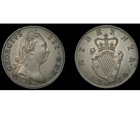 Ireland, George III, London coinage, Proof or Pattern Halfpenny, 1774, type III, in copper, laureate bust right with long hai