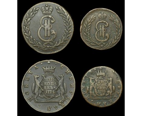 Russia, SIBERIA, Catherine II, 5 Kopecks, 1775, Kolyvan (Brekke 476); 2 Kopecks, 1778, Kolyvan (Brekke 444) [2]. First good v