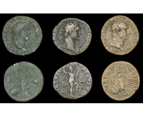 Roman Imperial Coinage, Nero, As, Lugdunum, 62-8, rev. Victory advancing left carrying shield, 10.64g (RIC 543); Domitian, As