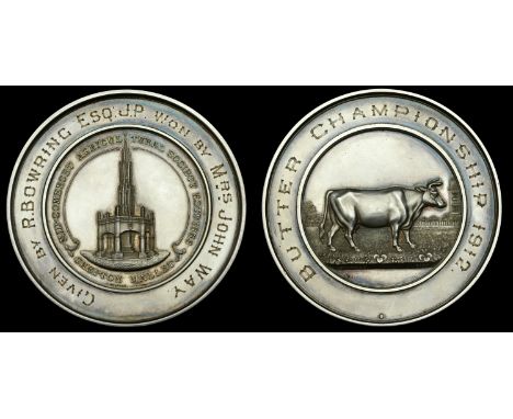 England, Mid-Somerset Agricultural Society, Shepton Mallet, a silver award medal by A. Fenwick, town market cross, rev. cow s