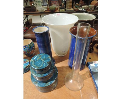 A selection of glass and ceramic vases, and a set of graduated lidded pots