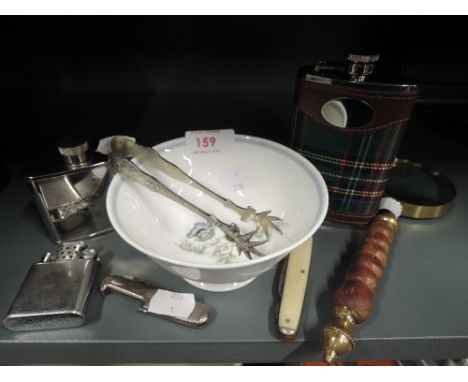 A selection of vintage curios and collectables pocket knife hip flask etc