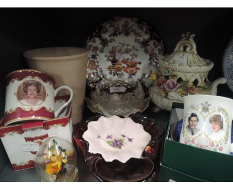 A selection of vintage ceramics including ruby glass ash tray