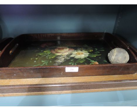A vintage hand painted treen tray with floral design work