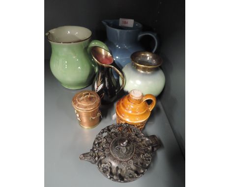 A selection of vintage ceramic jugs and small ornate oriental tea potSlight chip to glaze on blue and green jug