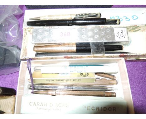 Three boxes of various fountain, ballpoint and pencils, including Parker with rolled Gold cap and vintage Swan