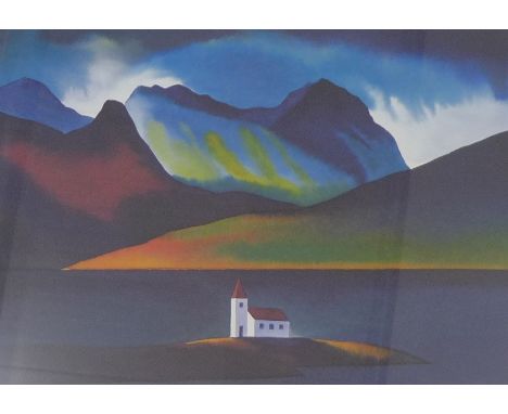 'Fjord'  Peter Goodfellow limited edition coloured print, No. 270/495, signed in pencil in a glazed frame, 80 x 70cm