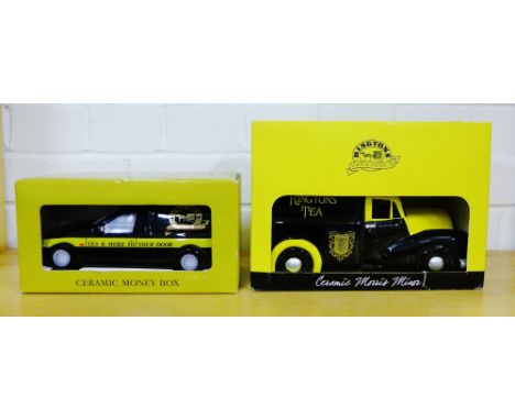 A Ringtons pottery Morris Minor Ringtons Tea van, together with a ceramic money box Ford Escort 55 Diesel van (2) 