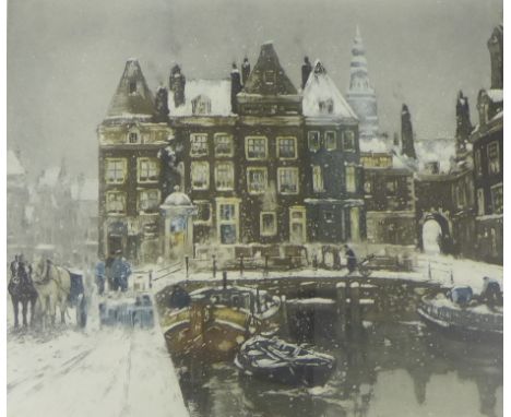 'Amsterdam in the Snow' Pencil signed coloured print, published by L'Estampe Moderne Paris, in a glazed frame, 60 x 52cm