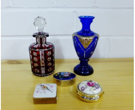 A ruby flashed glass scent bottle and stopper together with a blue glass vase and three gilt metal trinket boxes (5) 