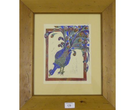 Peacock Limited edition coloured print No. 3/16, indistinctly signed and dated 2000, in a glazed pine frame, 18 x 24cm