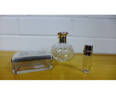 George V cut glass scent bottle with a Birmingham silver and pink guilloche enamel hinged top, complete with small glass inte