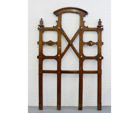 A large mahogany open framed hall stand with brass and ceramic coat hooks, 224 x 144cm