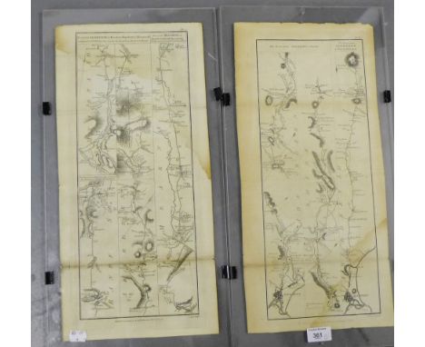 Two 18th century framed map panels to include the Road from Aberdeen to Fraserburgh and the road from Brechin to Aberdeen, Ba