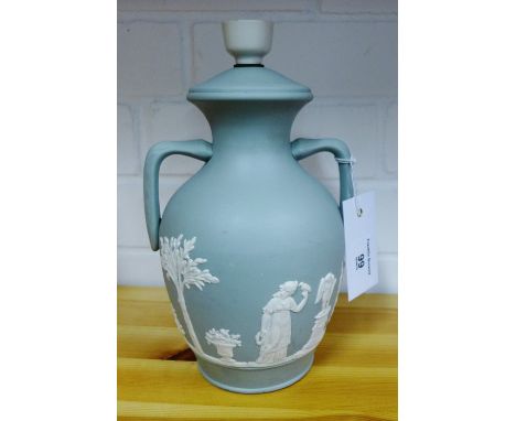 A Dudson Jasperware table lamp and base in sage green with classic figures in relief, 22cm high