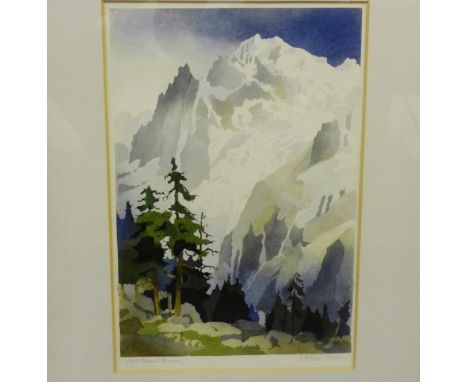 Mt Blanc (France) Coloured print, signed in pencil, indistinctly, in a glazed frame, 25 x 38cm