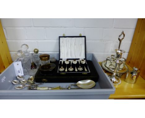 A mixed lot to include various cut glass scent bottles and stoppers, a pewter hip flask, a faux tortoiseshell heart shaped tr