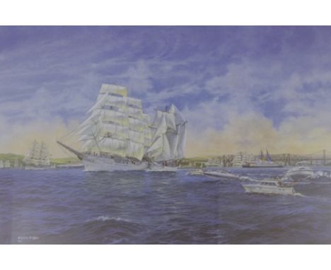 A limited edition William Dobbie coloured print 'Tall Ships on the Forth',  in a glazed gilt wood frame, 83 x 65cm