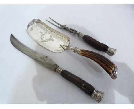 A Victorian Howson Brothers bone handled and plated carving knife and fork together with a bone handled and plated crumb pen