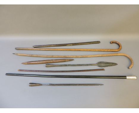 A silver top walking cane, a three section native spear, and a military swagger stick