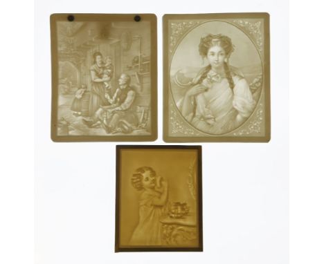 Three lithophanes, figures outside a cottage, 13 x 11cm, a portrait of a lady, 13.5 x 11cm, and a girl with a powder puff, 10