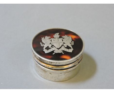 An early 20th century silver and tortoise shell patch box,  the lid with armorial