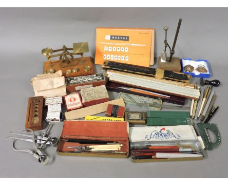 A collection of items, to include nib pens, calligraphy pens, sealing wax, postal scales, geometry set, etc