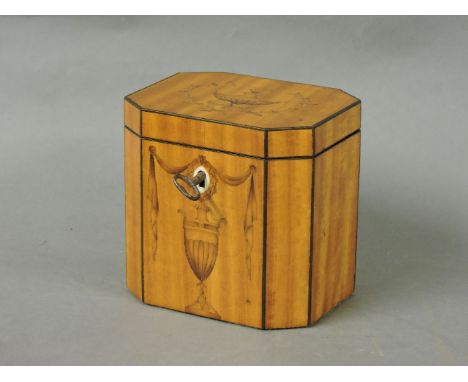 A George III style satinwood inlaid tea caddy, with urn inlaid top and front, with canted corners, 10.5cm wide