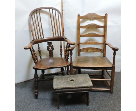 Two Windsor chairs, one with ladder back, the other missing its splat, and a rustic stool