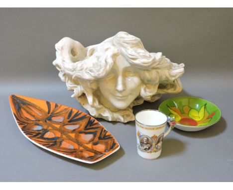 A collection of items, including a phrenology head, two pieces of Poole pottery, a 1935 Jubilee mug, etc