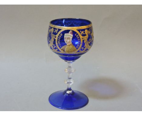 A Venetian blue glass goblet, with gilt decoration and painted portrait, together with a further quantity of glassware