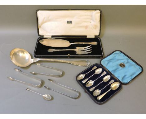 A Christofle white metal ladle, two pairs of silver sugar nips, with marks for Newcastle, and further silver flatware