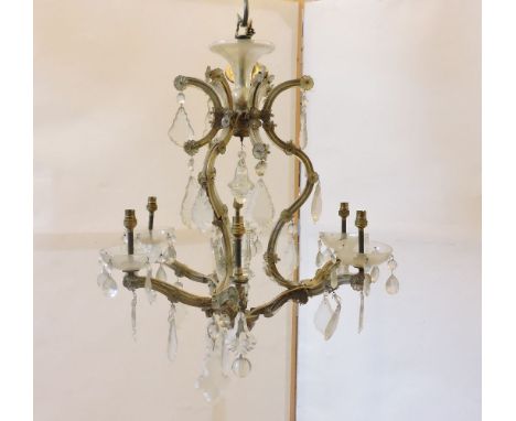 An early 20th century six branch glass chandelier, with drops