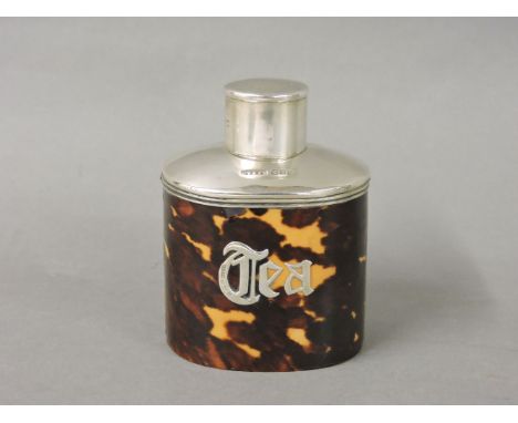 A silver and tortoiseshell tea caddy, maker's mark for Cornelius Desmoreaux Saunders & James Francis Hollings Shepherd, label