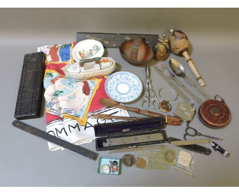 A collection of items, including a Jacqmar scarf, a compact, a basket carved from a coconut inscribed Jamaica, a Secessionist