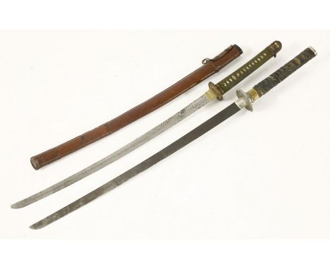 Two Japanese Katana, one in a leather covered metal scabbard, the handle with cord binding over shagreen, with gilt metal mou