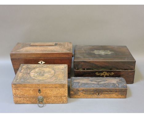 A 19th century tea caddy, a 19th century box, a distressed inlaid needlework box, and one other